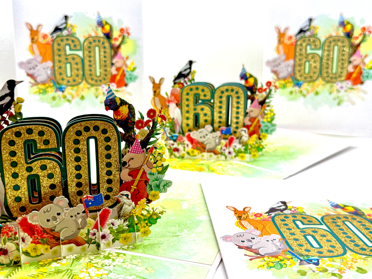 Australian Animal & Native Flower Happy 60th Birthday Origami Pop Cards 3D Pop Up Greeting Card Thank You Handmade Gift Thinking of You Happy Birthday Occasion Australiana Celebrate the Beauty and Happiness During Special Day Best Wishes Gift