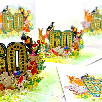 Australian Animal & Native Flower Happy 60th Birthday Origami Pop Cards 3D Pop Up Greeting Card Thank You Handmade Gift Thinking of You Happy Birthday Occasion Australiana Celebrate the Beauty and Happiness During Special Day Best Wishes Gift