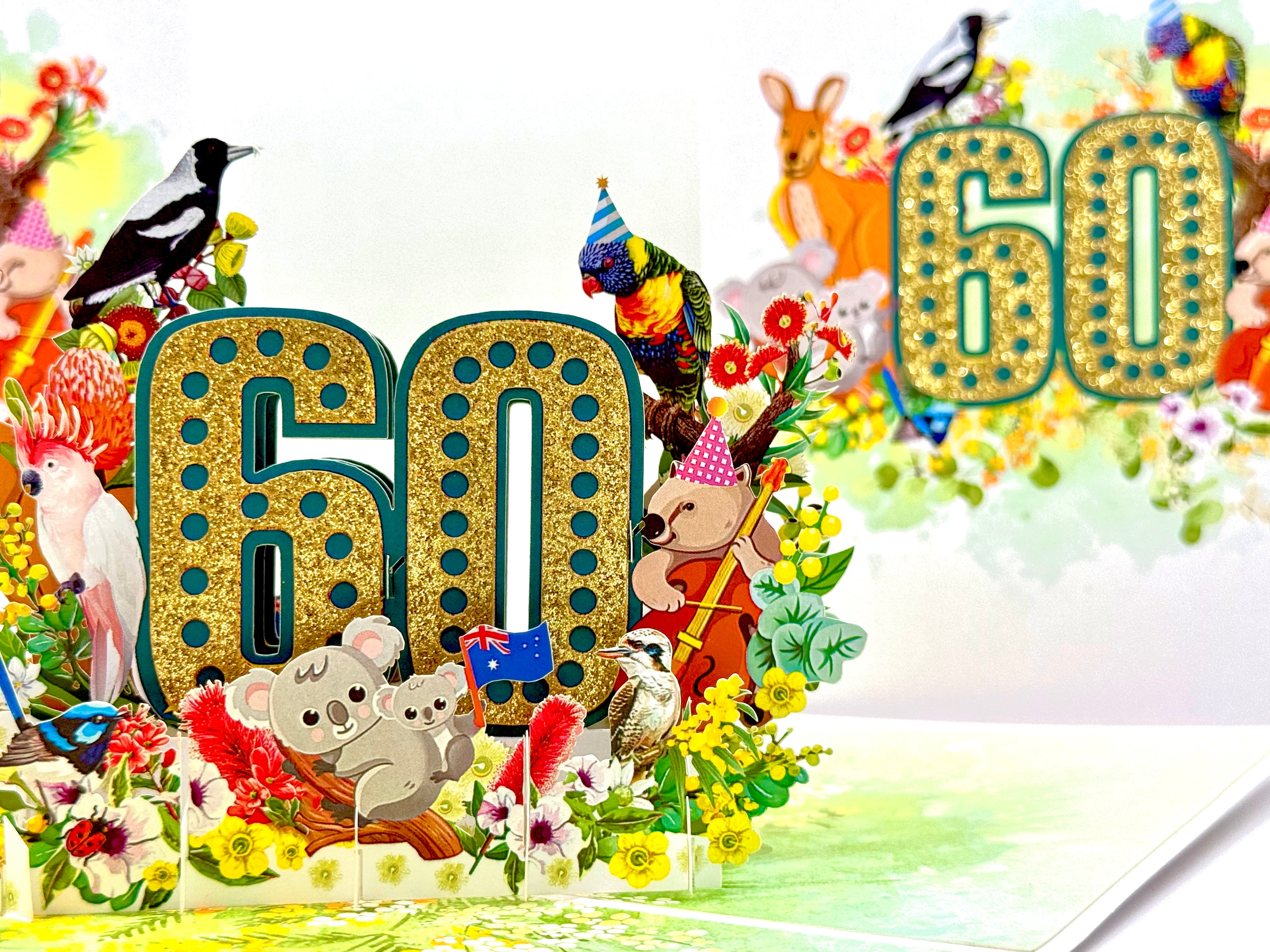 Australian Animal & Native Flower Happy 60th Birthday Origami Pop Cards 3D Pop Up Greeting Card Thank You Handmade Gift Thinking of You Happy Birthday Occasion Australiana Celebrate the Beauty and Happiness During Special Day Best Wishes Gift