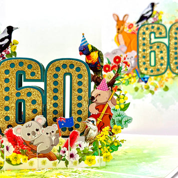 Australian Animal & Native Flower Happy 60th Birthday Origami Pop Cards 3D Pop Up Greeting Card Thank You Handmade Gift Thinking of You Happy Birthday Occasion Australiana Celebrate the Beauty and Happiness During Special Day Best Wishes Gift