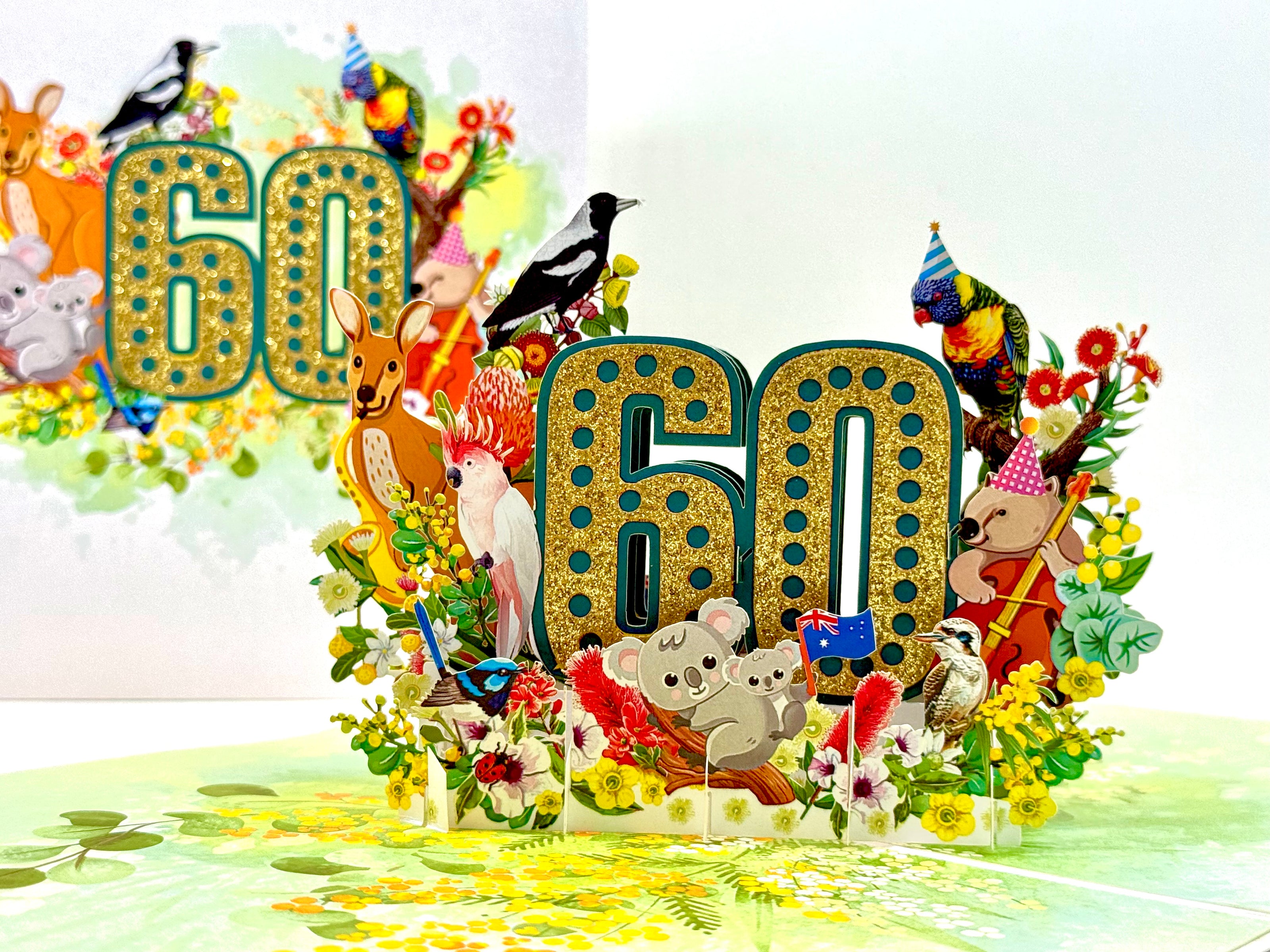 Australian Animal & Native Flower Happy 60th Birthday Origami Pop Cards 3D Pop Up Greeting Card Thank You Handmade Gift Thinking of You Happy Birthday Occasion Australiana Celebrate the Beauty and Happiness During Special Day Best Wishes Gift