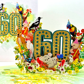 Australian Animal & Native Flower Happy 60th Birthday Origami Pop Cards 3D Pop Up Greeting Card Thank You Handmade Gift Thinking of You Happy Birthday Occasion Australiana Celebrate the Beauty and Happiness During Special Day Best Wishes Gift