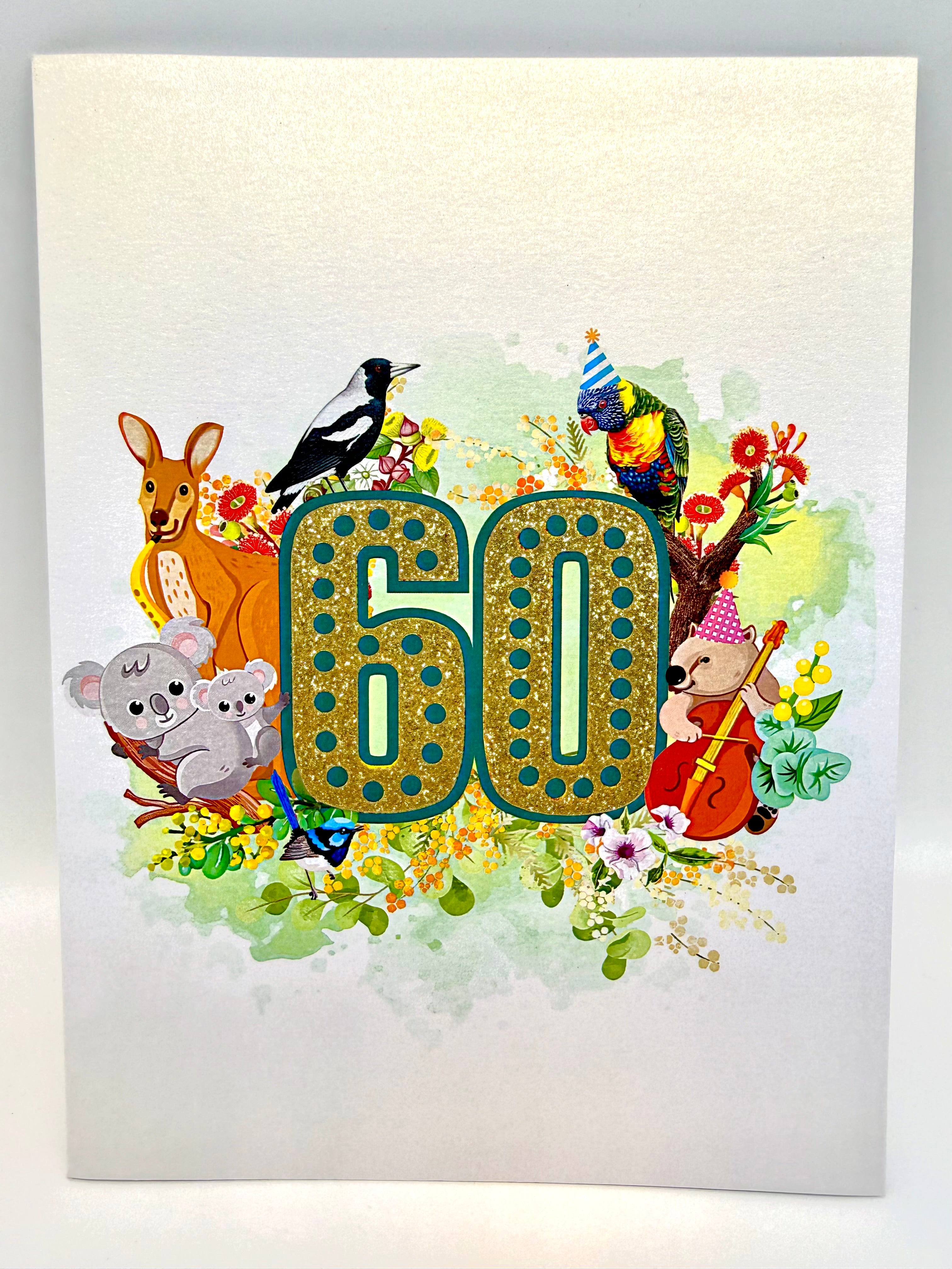 Australian Animal & Native Flower Happy 60th Birthday Origami Pop Cards 3D Pop Up Greeting Card Thank You Handmade Gift Thinking of You Happy Birthday Occasion Australiana Celebrate the Beauty and Happiness During Special Day Best Wishes Gift