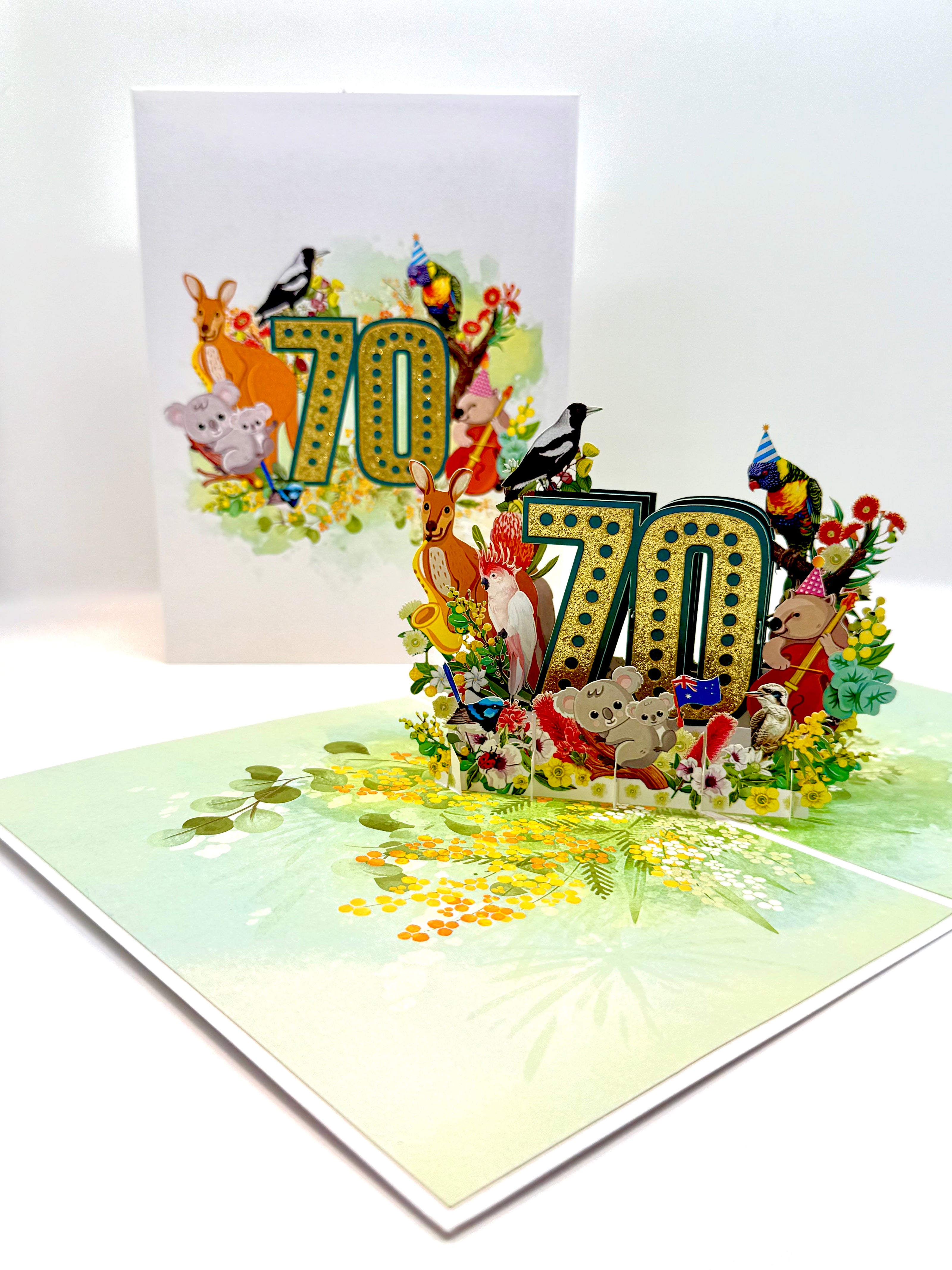 Australian Animal & Native Flower Happy 70th Birthday Origami Pop Cards 3D Pop Up Greeting Card Thank You Handmade Gift Thinking of You Happy Birthday Occasion Australiana Celebrate the Beauty and Happiness During Special Day Best Wishes Gift