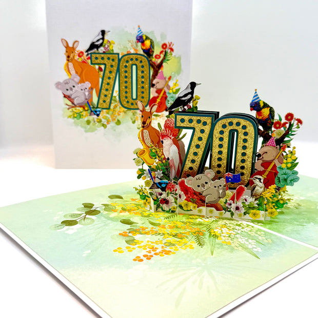 Australian Animal & Native Flower Happy 70th Birthday Origami Pop Cards 3D Pop Up Greeting Card Thank You Handmade Gift Thinking of You Happy Birthday Occasion Australiana Celebrate the Beauty and Happiness During Special Day Best Wishes Gift
