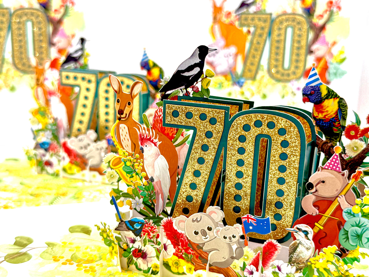 Australian Animal & Native Flower Happy 70th Birthday Origami Pop Cards 3D Pop Up Greeting Card Thank You Handmade Gift Thinking of You Happy Birthday Occasion Australiana Celebrate the Beauty and Happiness During Special Day Best Wishes Gift
