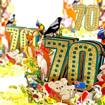 Australian Animal & Native Flower Happy 70th Birthday Origami Pop Cards 3D Pop Up Greeting Card Thank You Handmade Gift Thinking of You Happy Birthday Occasion Australiana Celebrate the Beauty and Happiness During Special Day Best Wishes Gift