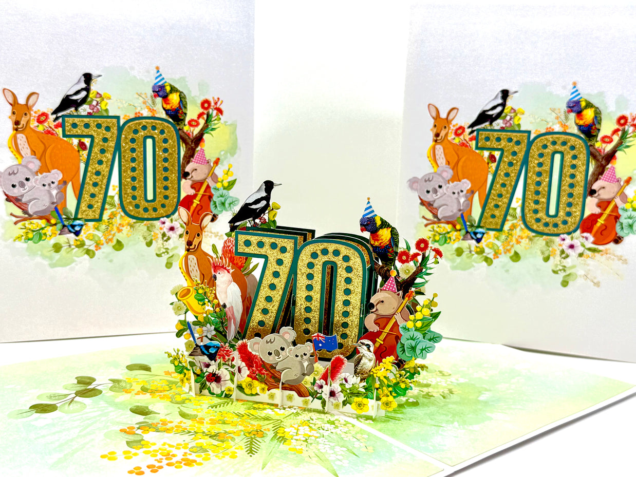 Australian Animal & Native Flower Happy 70th Birthday Origami Pop Cards 3D Pop Up Greeting Card Thank You Handmade Gift Thinking of You Happy Birthday Occasion Australiana Celebrate the Beauty and Happiness During Special Day Best Wishes Gift