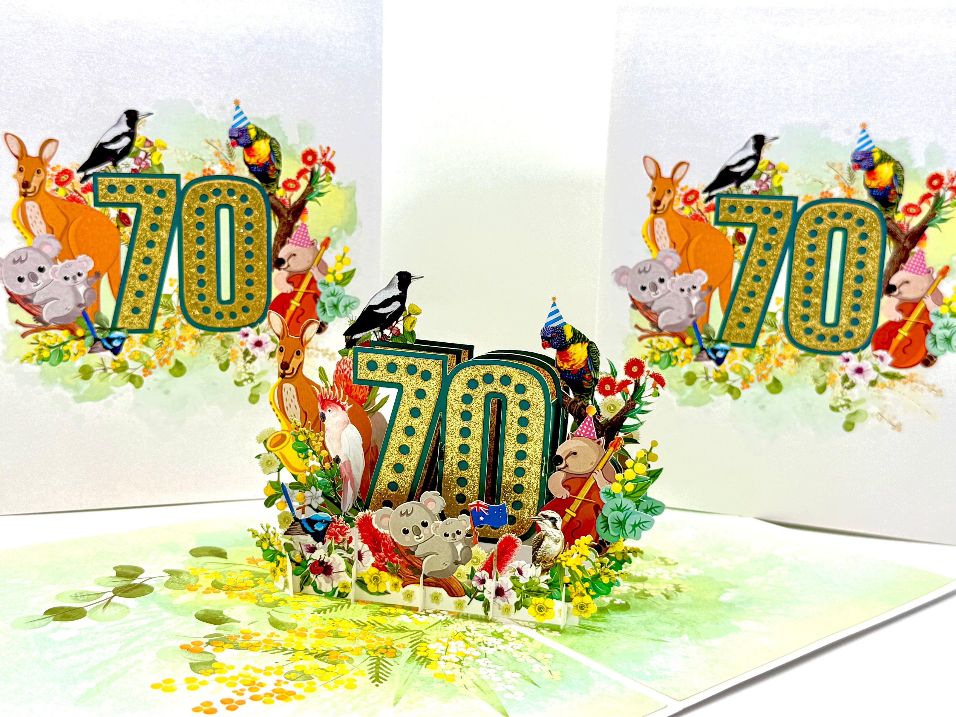 Australian Animal & Native Flower Happy 70th Birthday Origami Pop Cards 3D Pop Up Greeting Card Thank You Handmade Gift Thinking of You Happy Birthday Occasion Australiana Celebrate the Beauty and Happiness During Special Day Best Wishes Gift