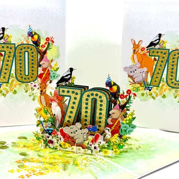 Australian Animal & Native Flower Happy 70th Birthday Origami Pop Cards 3D Pop Up Greeting Card Thank You Handmade Gift Thinking of You Happy Birthday Occasion Australiana Celebrate the Beauty and Happiness During Special Day Best Wishes Gift
