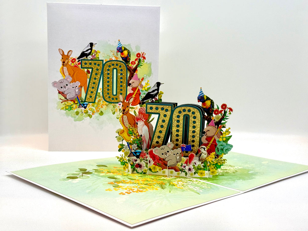 Australian Animal & Native Flower Happy 70th Birthday Origami Pop Cards 3D Pop Up Greeting Card Thank You Handmade Gift Thinking of You Happy Birthday Occasion Australiana Celebrate the Beauty and Happiness During Special Day Best Wishes Gift