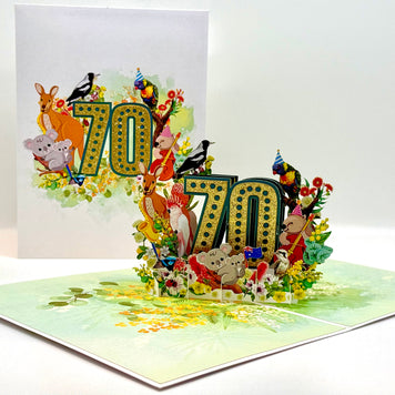 Australian Animal & Native Flower Happy 70th Birthday Origami Pop Cards 3D Pop Up Greeting Card Thank You Handmade Gift Thinking of You Happy Birthday Occasion Australiana Celebrate the Beauty and Happiness During Special Day Best Wishes Gift