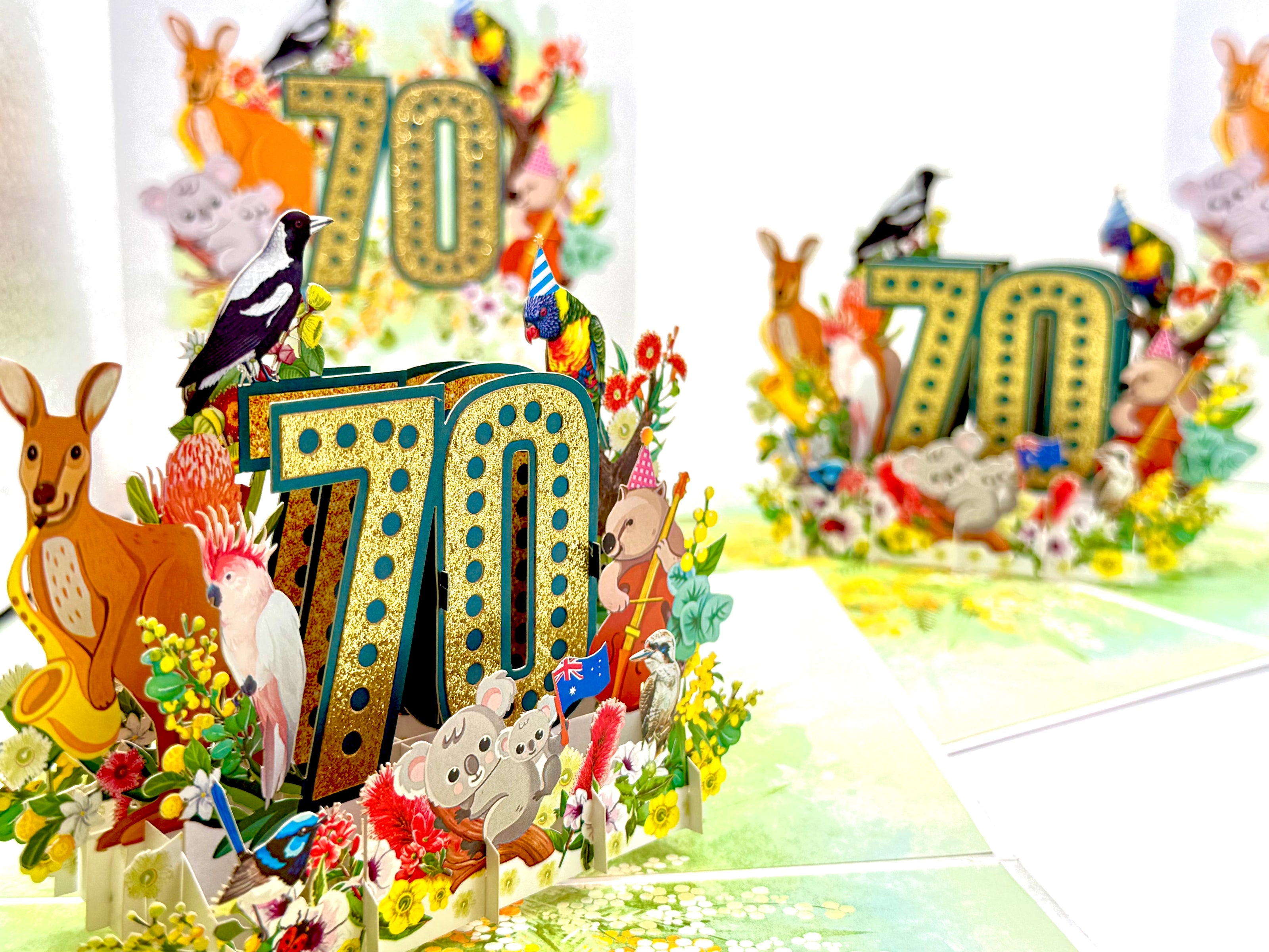 Australian Animal & Native Flower Happy 70th Birthday Origami Pop Cards 3D Pop Up Greeting Card Thank You Handmade Gift Thinking of You Happy Birthday Occasion Australiana Celebrate the Beauty and Happiness During Special Day Best Wishes Gift