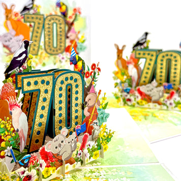 Australian Animal & Native Flower Happy 70th Birthday Origami Pop Cards 3D Pop Up Greeting Card Thank You Handmade Gift Thinking of You Happy Birthday Occasion Australiana Celebrate the Beauty and Happiness During Special Day Best Wishes Gift