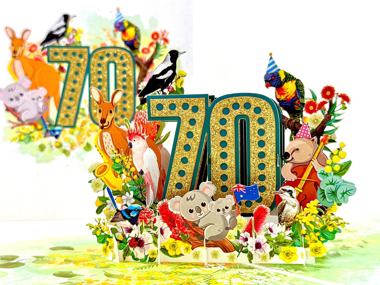Australian Animal & Native Flower Happy 70th Birthday Origami Pop Cards 3D Pop Up Greeting Card Thank You Handmade Gift Thinking of You Happy Birthday Occasion Australiana Celebrate the Beauty and Happiness During Special Day Best Wishes Gift