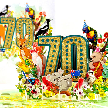 Australian Animal & Native Flower Happy 70th Birthday Origami Pop Cards 3D Pop Up Greeting Card Thank You Handmade Gift Thinking of You Happy Birthday Occasion Australiana Celebrate the Beauty and Happiness During Special Day Best Wishes Gift