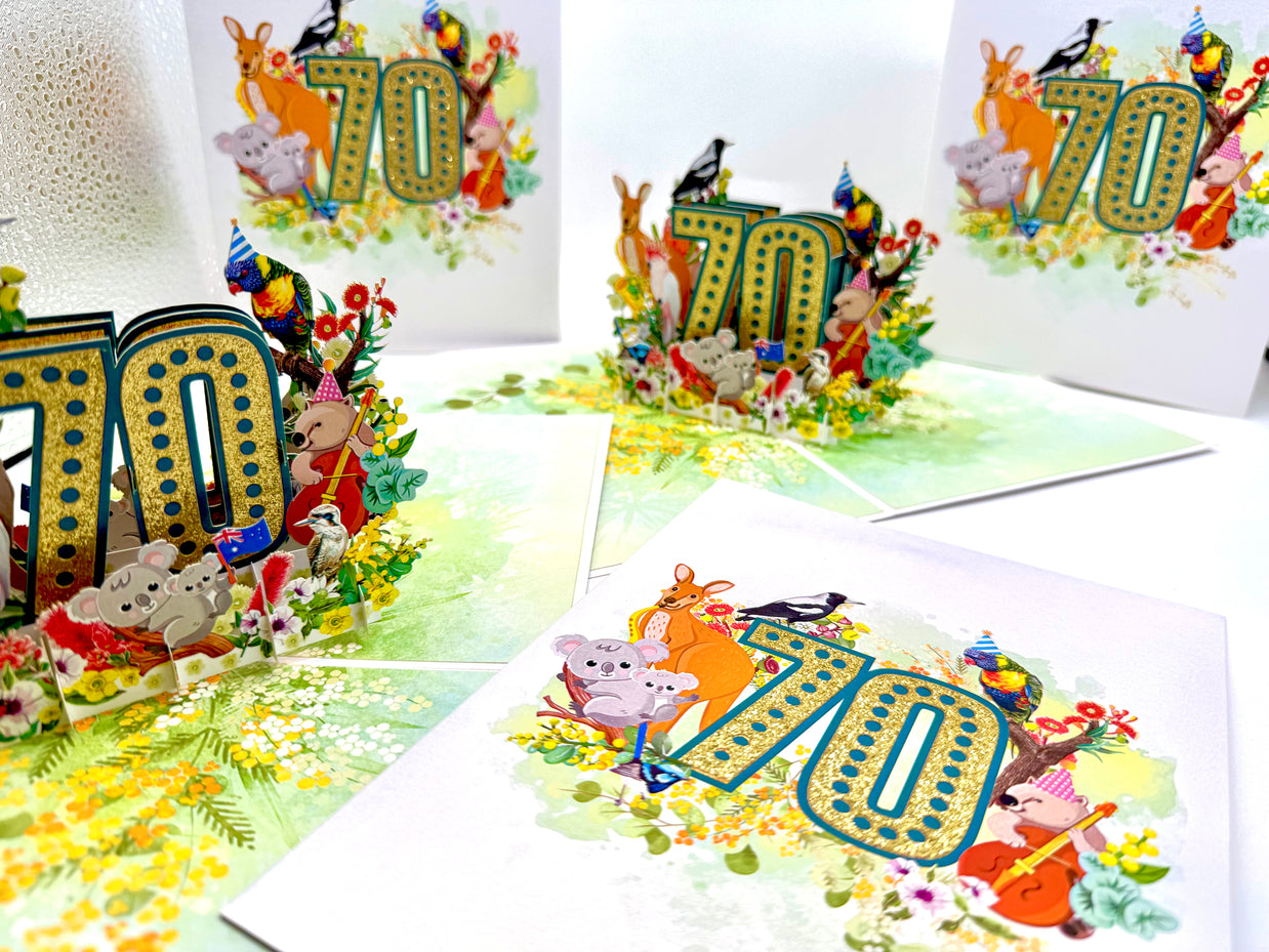 Australian Animal & Native Flower Happy 70th Birthday Origami Pop Cards 3D Pop Up Greeting Card Thank You Handmade Gift Thinking of You Happy Birthday Occasion Australiana Celebrate the Beauty and Happiness During Special Day Best Wishes Gift