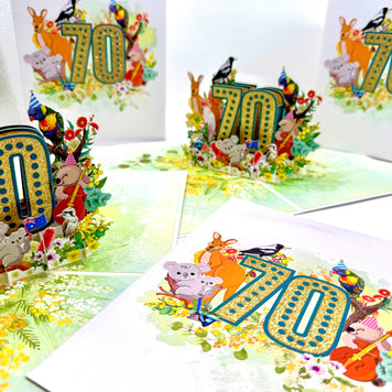 Australian Animal & Native Flower Happy 70th Birthday Origami Pop Cards 3D Pop Up Greeting Card Thank You Handmade Gift Thinking of You Happy Birthday Occasion Australiana Celebrate the Beauty and Happiness During Special Day Best Wishes Gift