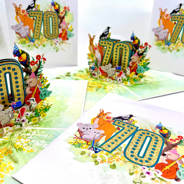 Australian Animal & Native Flower Happy 70th Birthday Origami Pop Cards 3D Pop Up Greeting Card Thank You Handmade Gift Thinking of You Happy Birthday Occasion Australiana Celebrate the Beauty and Happiness During Special Day Best Wishes Gift