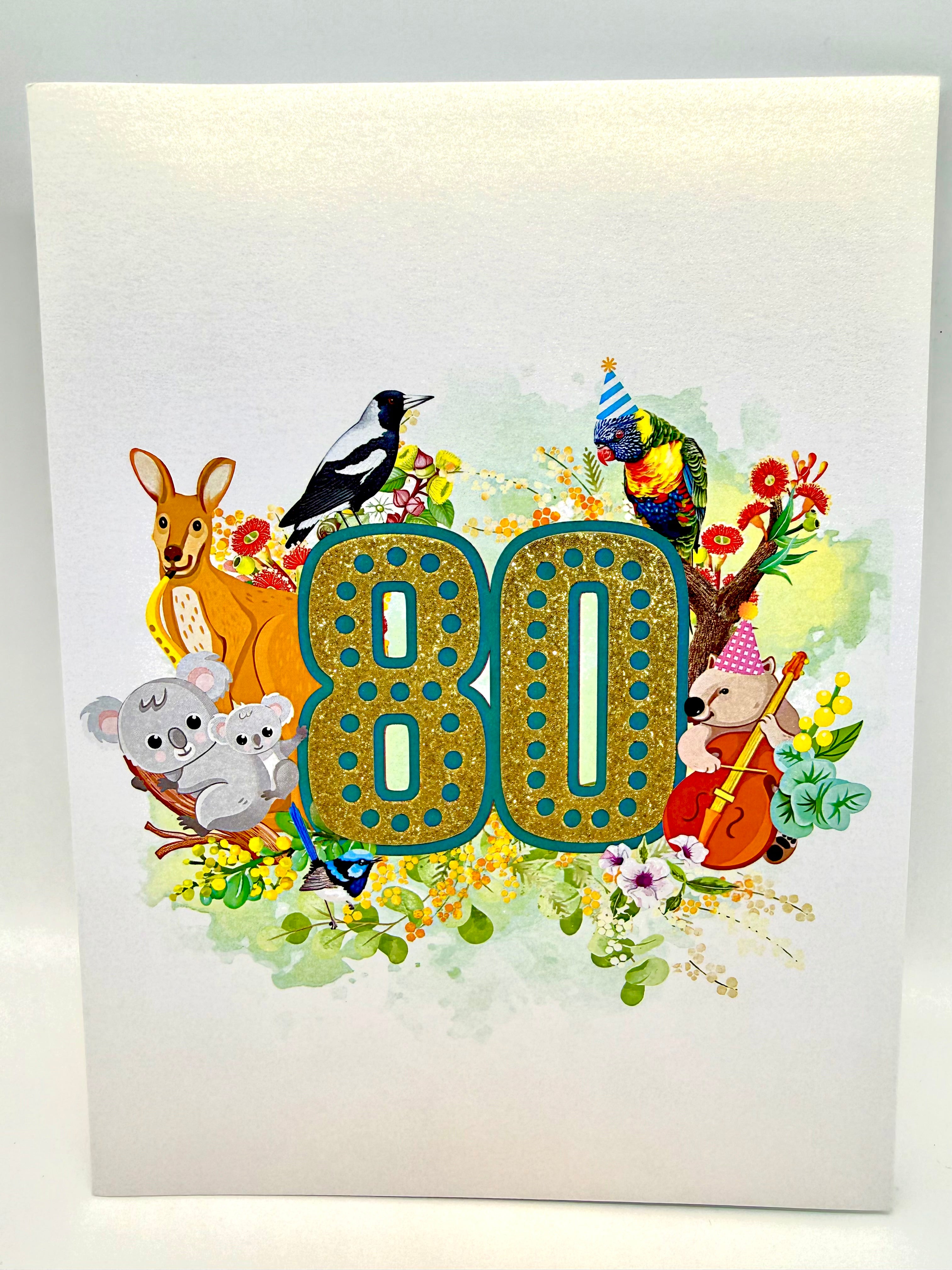 Australian Animal & Native Flower Happy 80th Birthday Origami Pop Cards 3D Pop Up Greeting Card Thank You Handmade Gift Thinking of You Happy Birthday Occasion Australiana Celebrate the Beauty and Happiness During Special Day Best Wishes Gift