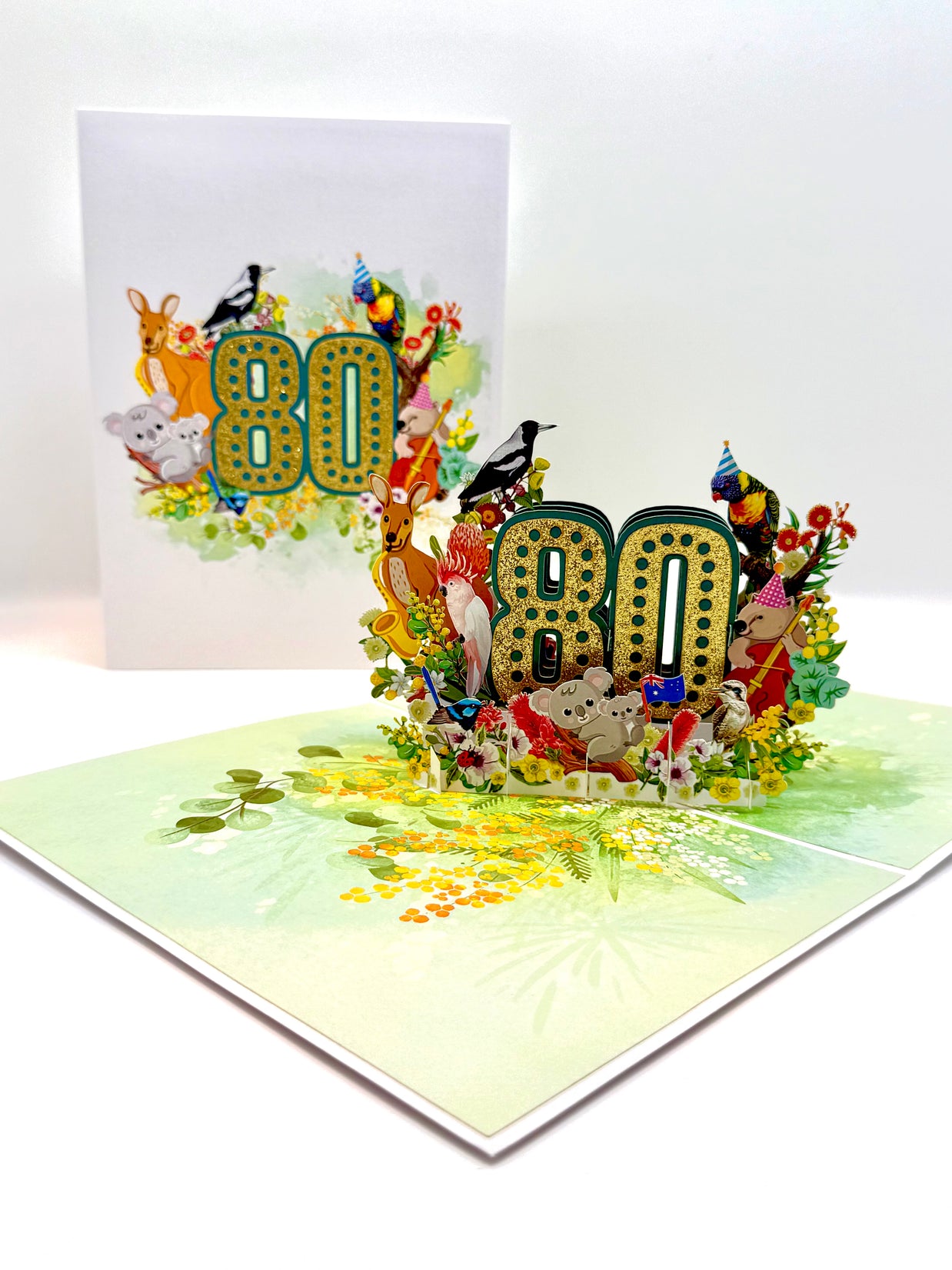 Australian Animal & Native Flower Happy 80th Birthday Origami Pop Cards 3D Pop Up Greeting Card Thank You Handmade Gift Thinking of You Happy Birthday Occasion Australiana Celebrate the Beauty and Happiness During Special Day Best Wishes Gift