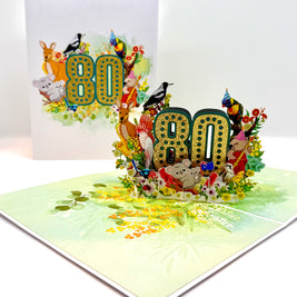 Australian Animal & Native Flower Happy 80th Birthday Origami Pop Cards 3D Pop Up Greeting Card Thank You Handmade Gift Thinking of You Happy Birthday Occasion Australiana Celebrate the Beauty and Happiness During Special Day Best Wishes Gift