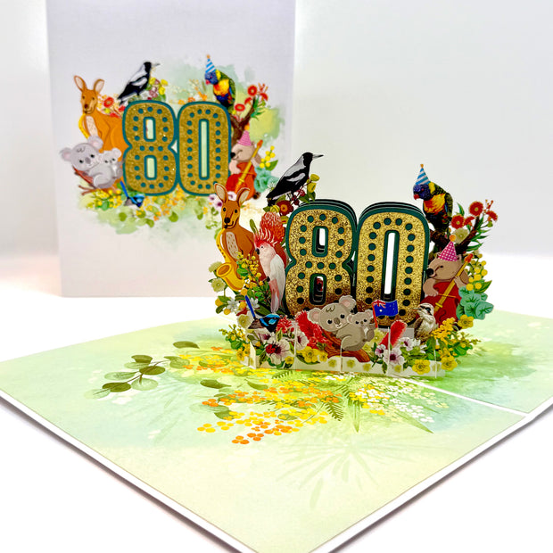 Australian Animal & Native Flower Happy 80th Birthday Origami Pop Cards 3D Pop Up Greeting Card Thank You Handmade Gift Thinking of You Happy Birthday Occasion Australiana Celebrate the Beauty and Happiness During Special Day Best Wishes Gift
