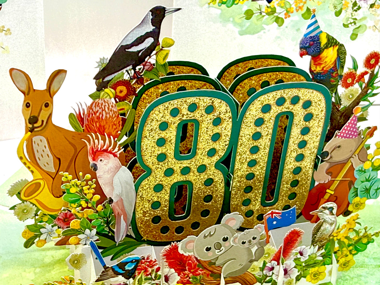 Australian Animal & Native Flower Happy 80th Birthday Origami Pop Cards 3D Pop Up Greeting Card Thank You Handmade Gift Thinking of You Happy Birthday Occasion Australiana Celebrate the Beauty and Happiness During Special Day Best Wishes Gift