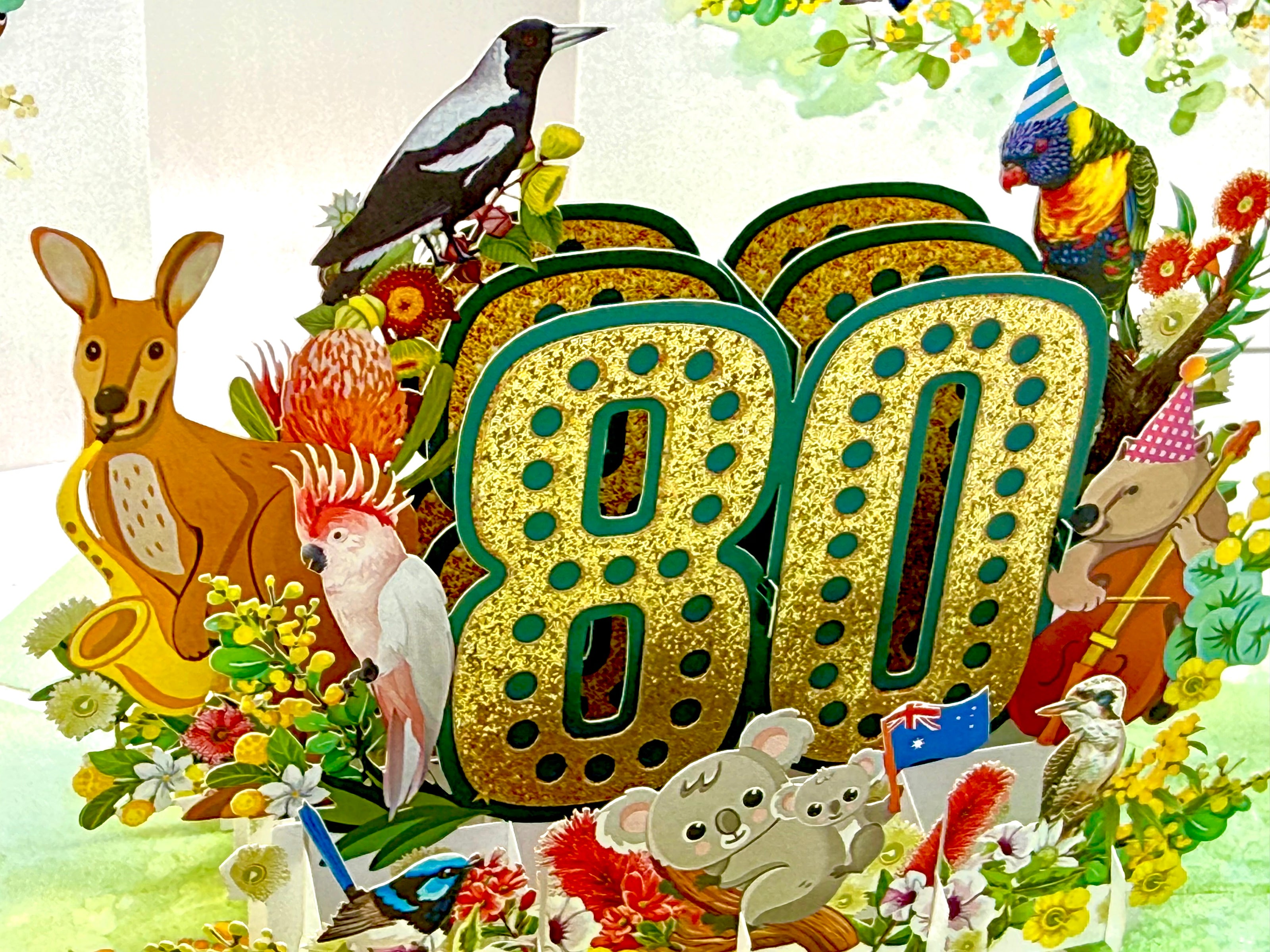Australian Animal & Native Flower Happy 80th Birthday Origami Pop Cards 3D Pop Up Greeting Card Thank You Handmade Gift Thinking of You Happy Birthday Occasion Australiana Celebrate the Beauty and Happiness During Special Day Best Wishes Gift