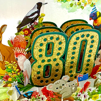 Australian Animal & Native Flower Happy 80th Birthday Origami Pop Cards 3D Pop Up Greeting Card Thank You Handmade Gift Thinking of You Happy Birthday Occasion Australiana Celebrate the Beauty and Happiness During Special Day Best Wishes Gift