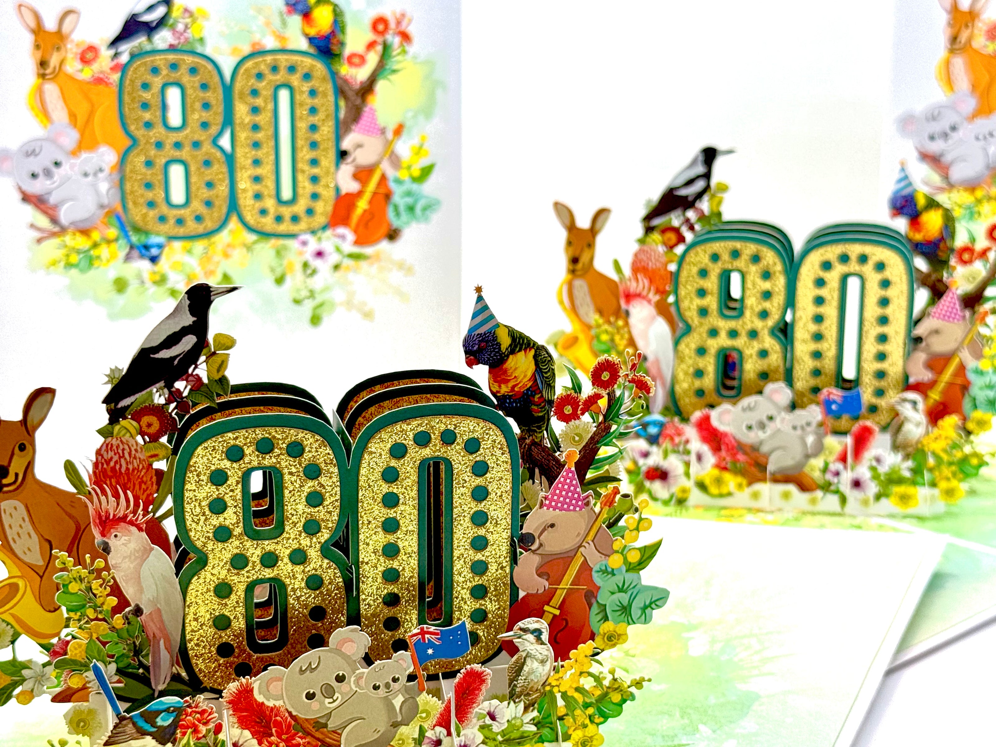 Australian Animal & Native Flower Happy 80th Birthday Origami Pop Cards 3D Pop Up Greeting Card Thank You Handmade Gift Thinking of You Happy Birthday Occasion Australiana Celebrate the Beauty and Happiness During Special Day Best Wishes Gift