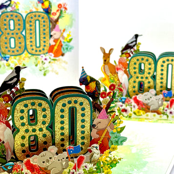 Australian Animal & Native Flower Happy 80th Birthday Origami Pop Cards 3D Pop Up Greeting Card Thank You Handmade Gift Thinking of You Happy Birthday Occasion Australiana Celebrate the Beauty and Happiness During Special Day Best Wishes Gift