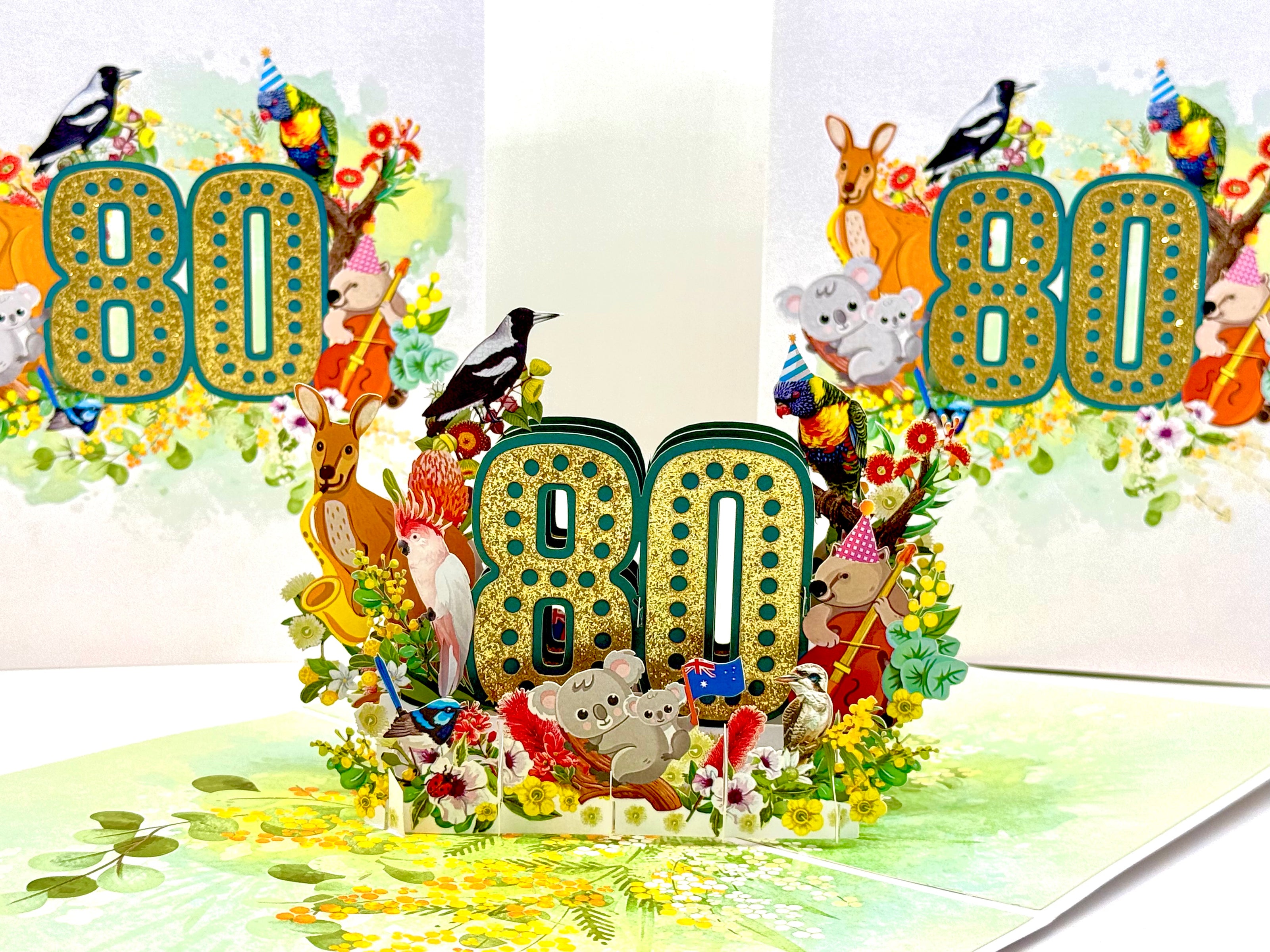 Australian Animal & Native Flower Happy 80th Birthday Origami Pop Cards 3D Pop Up Greeting Card Thank You Handmade Gift Thinking of You Happy Birthday Occasion Australiana Celebrate the Beauty and Happiness During Special Day Best Wishes Gift
