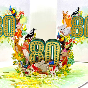 Australian Animal & Native Flower Happy 80th Birthday Origami Pop Cards 3D Pop Up Greeting Card Thank You Handmade Gift Thinking of You Happy Birthday Occasion Australiana Celebrate the Beauty and Happiness During Special Day Best Wishes Gift