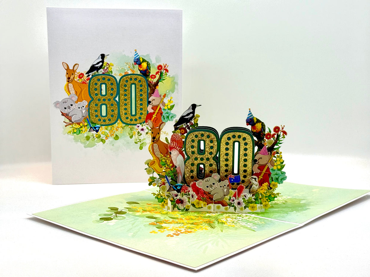 Australian Animal & Native Flower Happy 80th Birthday Origami Pop Cards 3D Pop Up Greeting Card Thank You Handmade Gift Thinking of You Happy Birthday Occasion Australiana Celebrate the Beauty and Happiness During Special Day Best Wishes Gift