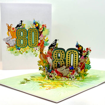 Australian Animal & Native Flower Happy 80th Birthday Origami Pop Cards 3D Pop Up Greeting Card Thank You Handmade Gift Thinking of You Happy Birthday Occasion Australiana Celebrate the Beauty and Happiness During Special Day Best Wishes Gift