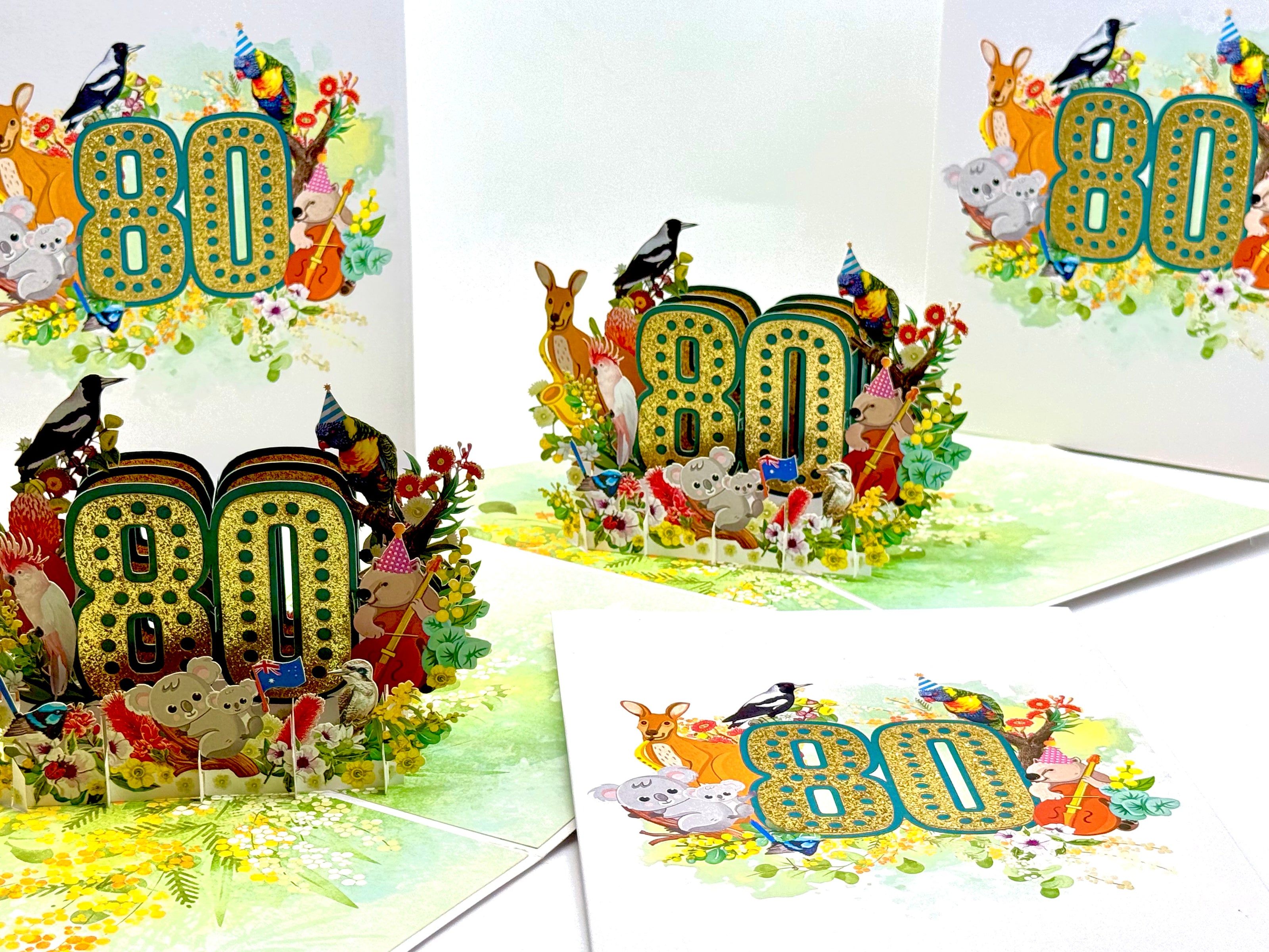Australian Animal & Native Flower Happy 80th Birthday Origami Pop Cards 3D Pop Up Greeting Card Thank You Handmade Gift Thinking of You Happy Birthday Occasion Australiana Celebrate the Beauty and Happiness During Special Day Best Wishes Gift
