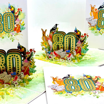 Australian Animal & Native Flower Happy 80th Birthday Origami Pop Cards 3D Pop Up Greeting Card Thank You Handmade Gift Thinking of You Happy Birthday Occasion Australiana Celebrate the Beauty and Happiness During Special Day Best Wishes Gift