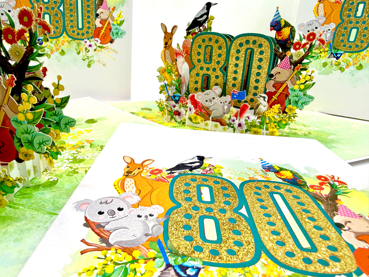 Australian Animal & Native Flower Happy 80th Birthday Origami Pop Cards 3D Pop Up Greeting Card Thank You Handmade Gift Thinking of You Happy Birthday Occasion Australiana Celebrate the Beauty and Happiness During Special Day Best Wishes Gift