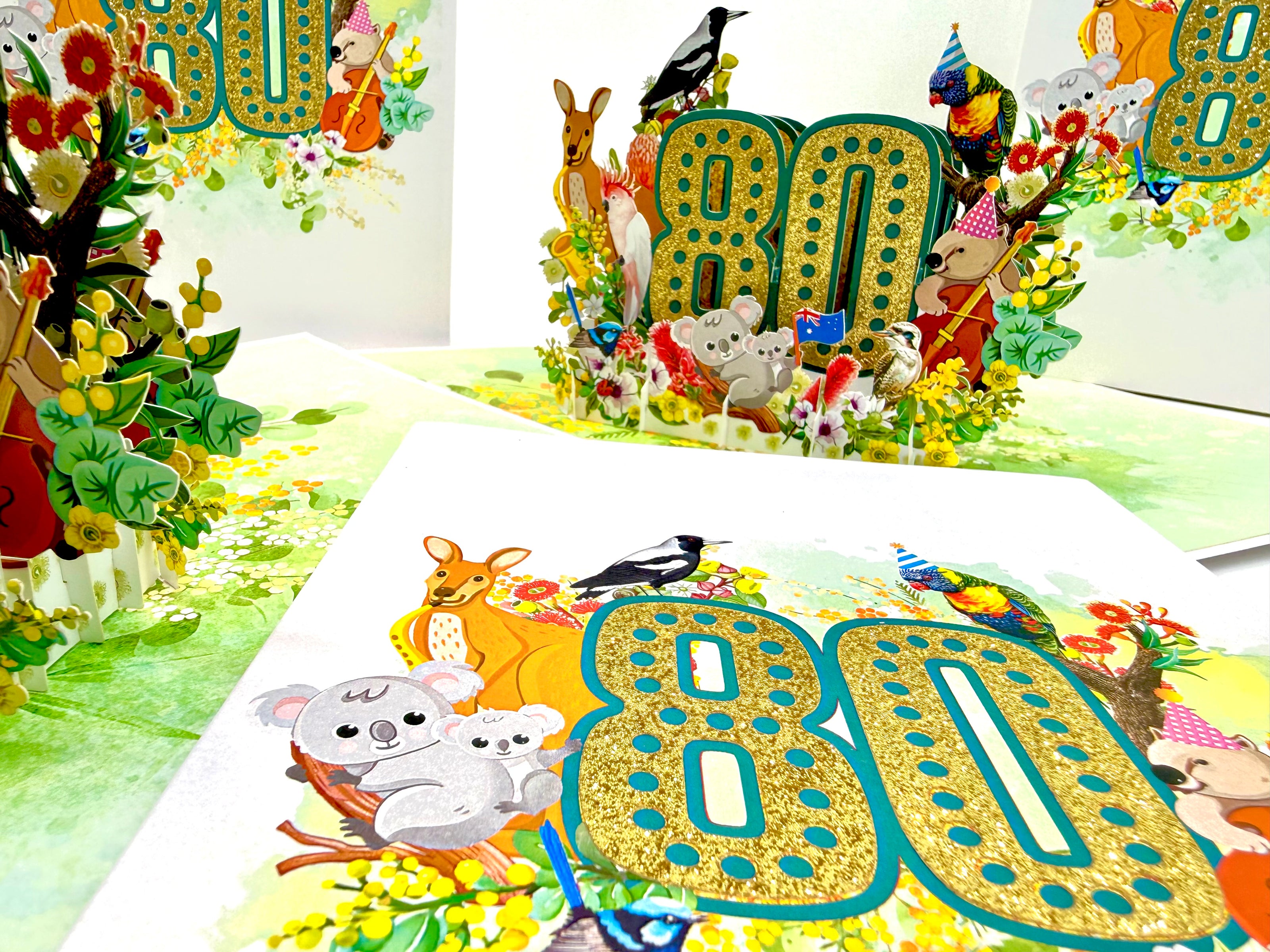 Australian Animal & Native Flower Happy 80th Birthday Origami Pop Cards 3D Pop Up Greeting Card Thank You Handmade Gift Thinking of You Happy Birthday Occasion Australiana Celebrate the Beauty and Happiness During Special Day Best Wishes Gift
