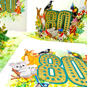 Australian Animal & Native Flower Happy 80th Birthday Origami Pop Cards 3D Pop Up Greeting Card Thank You Handmade Gift Thinking of You Happy Birthday Occasion Australiana Celebrate the Beauty and Happiness During Special Day Best Wishes Gift