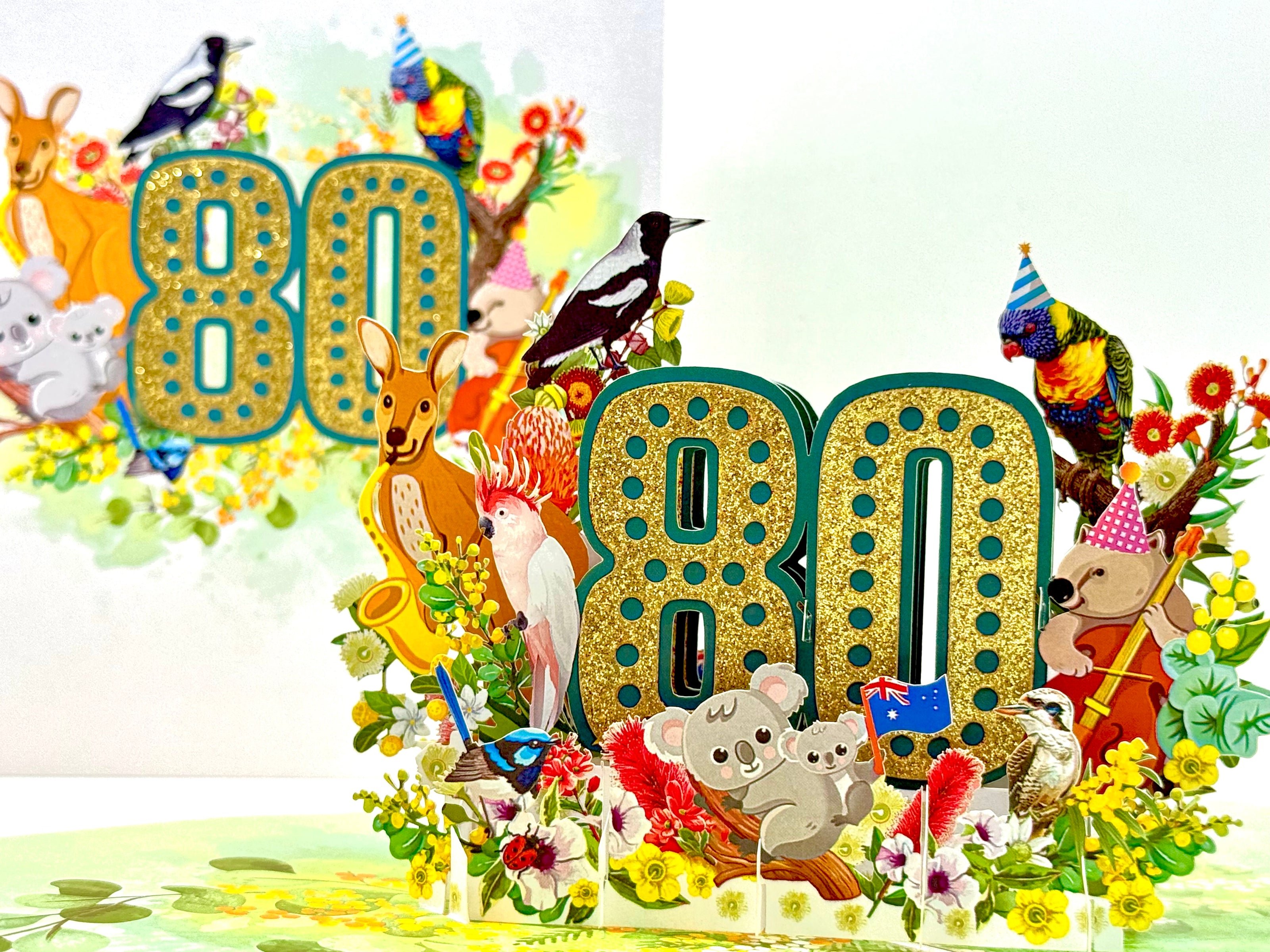 Australian Animal & Native Flower Happy 80th Birthday Origami Pop Cards 3D Pop Up Greeting Card Thank You Handmade Gift Thinking of You Happy Birthday Occasion Australiana Celebrate the Beauty and Happiness During Special Day Best Wishes Gift