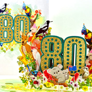 Australian Animal & Native Flower Happy 80th Birthday Origami Pop Cards 3D Pop Up Greeting Card Thank You Handmade Gift Thinking of You Happy Birthday Occasion Australiana Celebrate the Beauty and Happiness During Special Day Best Wishes Gift