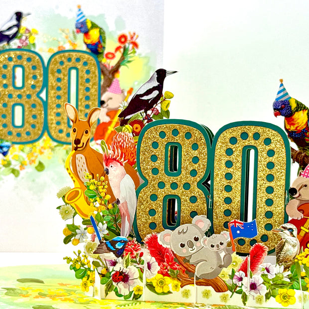 Australian Animal & Native Flower Happy 80th Birthday Origami Pop Cards 3D Pop Up Greeting Card Thank You Handmade Gift Thinking of You Happy Birthday Occasion Australiana Celebrate the Beauty and Happiness During Special Day Best Wishes Gift