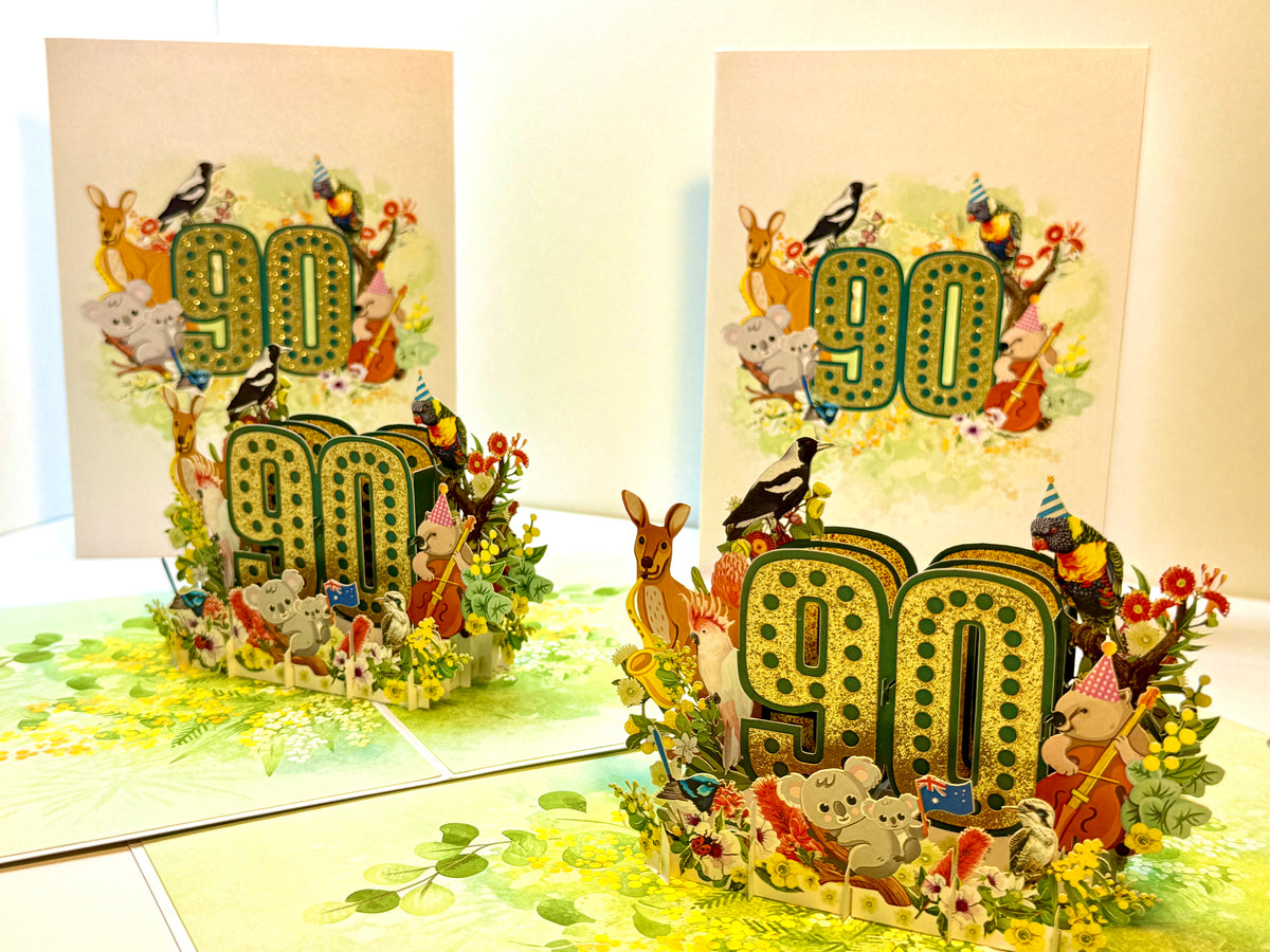 Australian Animal & Native Flower Happy 90th Birthday Origami Pop Cards 3D Pop Up Greeting Card Thank You Handmade Gift Thinking of You Happy Birthday Occasion Australiana Celebrate the Beauty and Happiness During Special Day Best Wishes Gift
