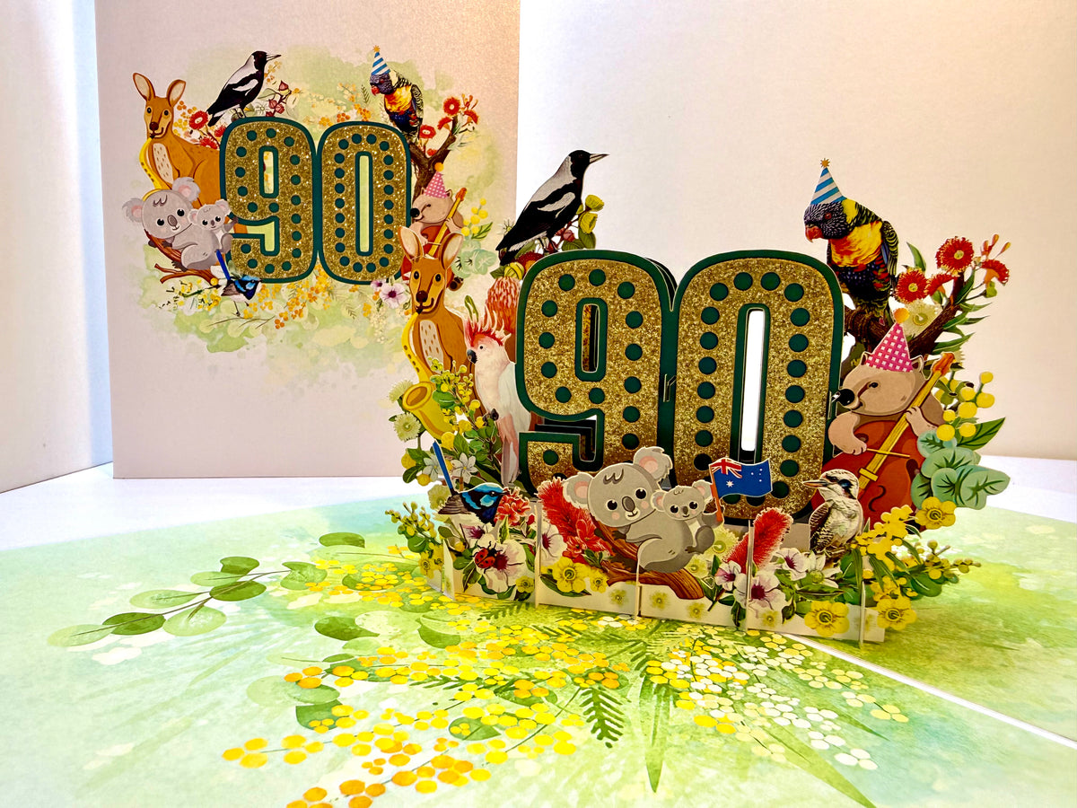 Australian Animal & Native Flower Happy 90th Birthday Origami Pop Cards 3D Pop Up Greeting Card Thank You Handmade Gift Thinking of You Happy Birthday Occasion Australiana Celebrate the Beauty and Happiness During Special Day Best Wishes Gift