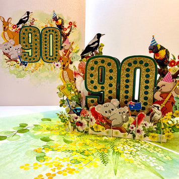 Australian Animal & Native Flower Happy 90th Birthday Origami Pop Cards 3D Pop Up Greeting Card Thank You Handmade Gift Thinking of You Happy Birthday Occasion Australiana Celebrate the Beauty and Happiness During Special Day Best Wishes Gift
