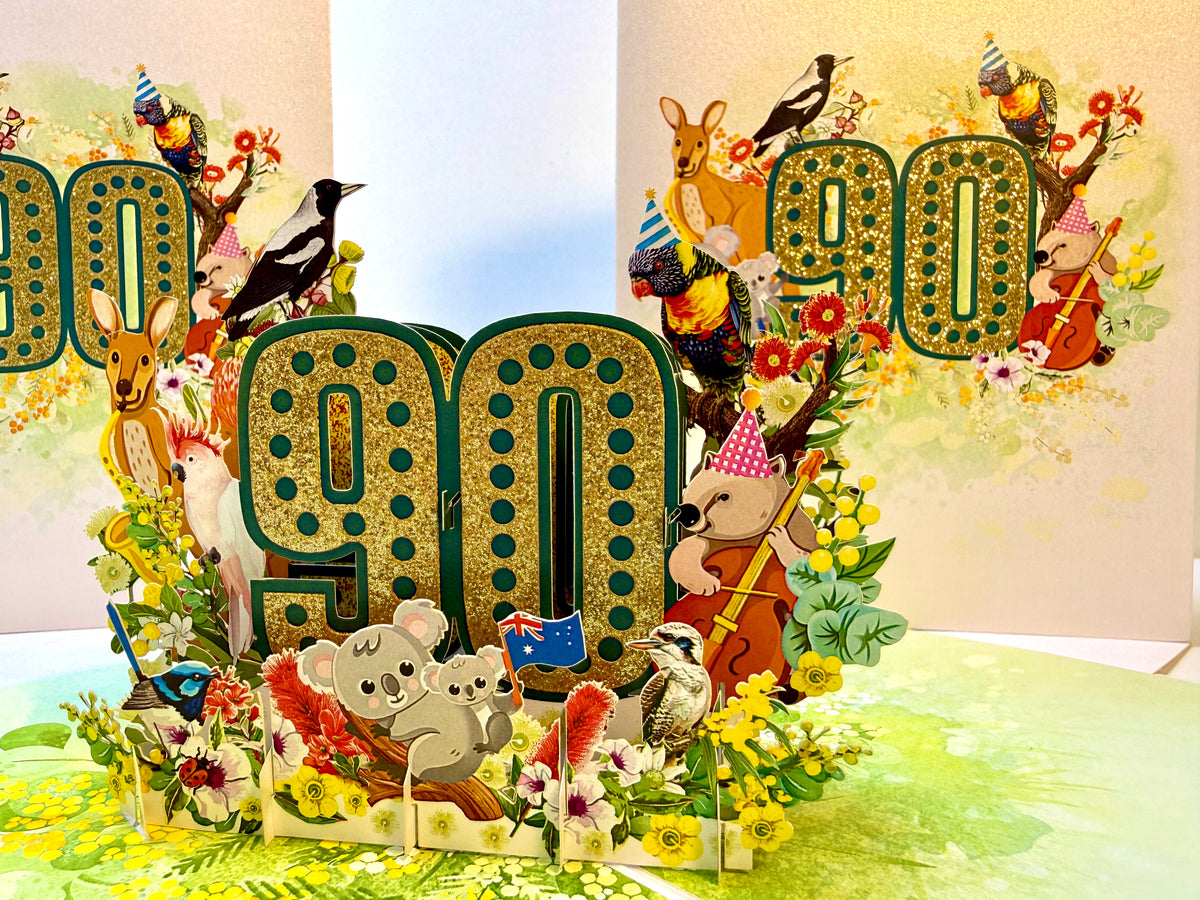 Australian Animal & Native Flower Happy 90th Birthday Origami Pop Cards 3D Pop Up Greeting Card Thank You Handmade Gift Thinking of You Happy Birthday Occasion Australiana Celebrate the Beauty and Happiness During Special Day Best Wishes Gift