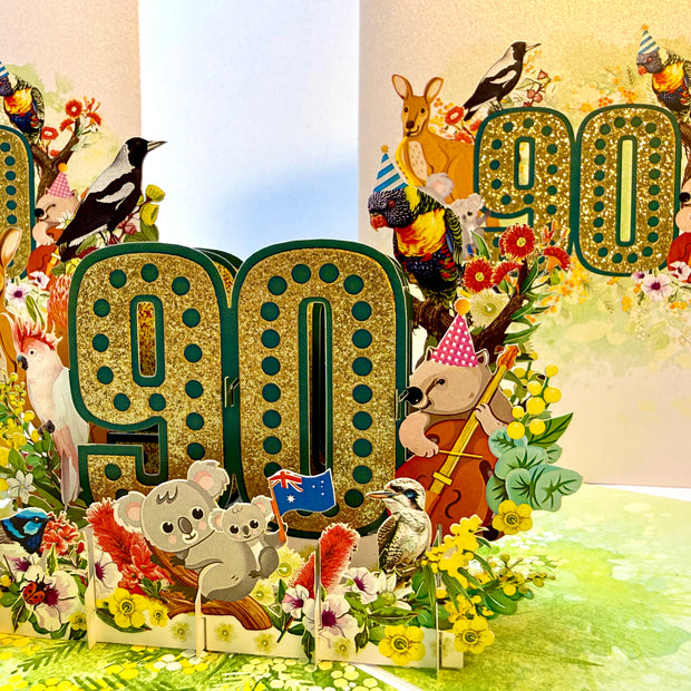 Australian Animal & Native Flower Happy 90th Birthday Origami Pop Cards 3D Pop Up Greeting Card Thank You Handmade Gift Thinking of You Happy Birthday Occasion Australiana Celebrate the Beauty and Happiness During Special Day Best Wishes Gift