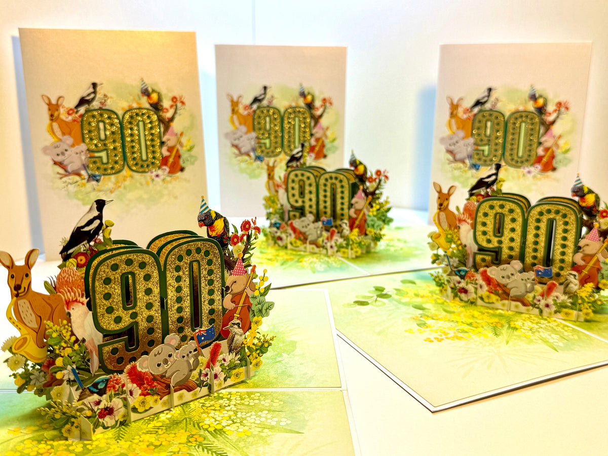 Australian Animal & Native Flower Happy 90th Birthday Origami Pop Cards 3D Pop Up Greeting Card Thank You Handmade Gift Thinking of You Happy Birthday Occasion Australiana Celebrate the Beauty and Happiness During Special Day Best Wishes Gift